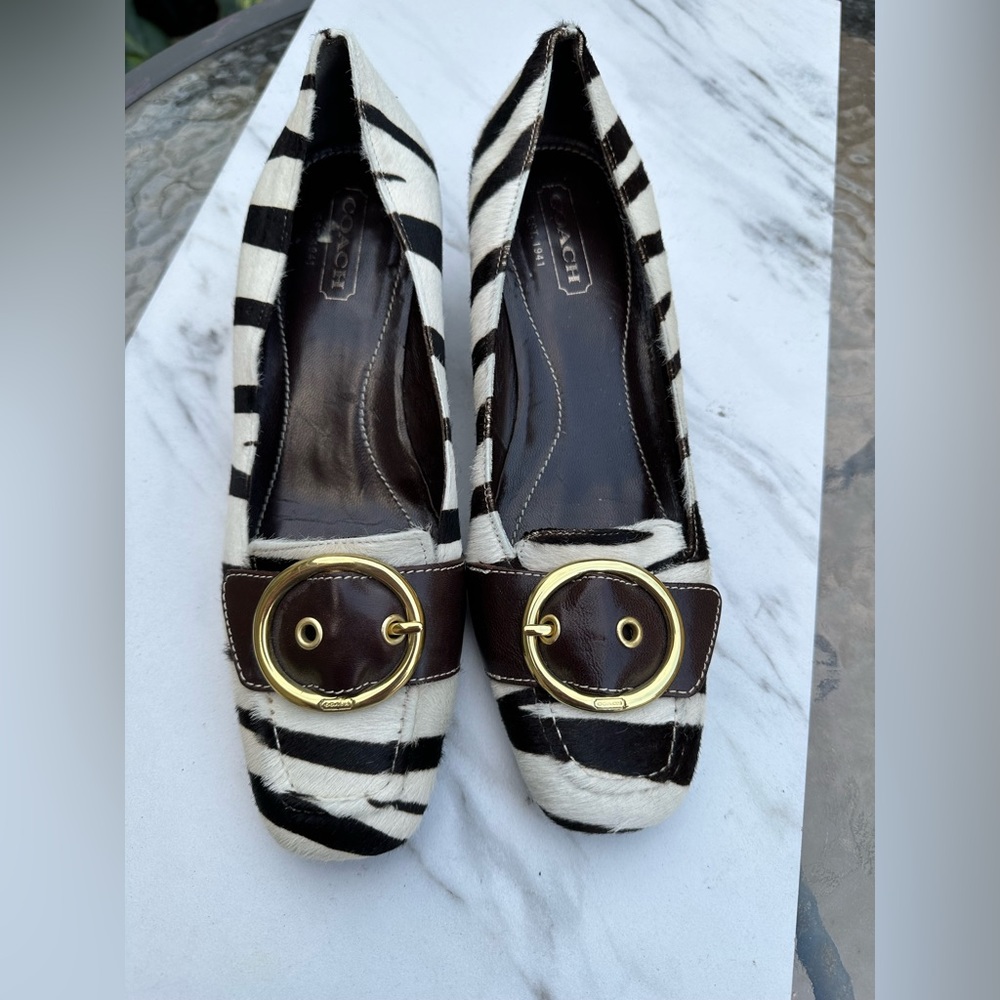Coach Zebra Stripe Heels with Gold Buckle